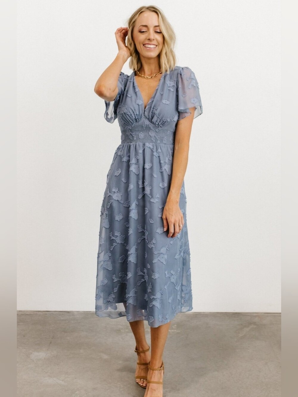 Baltic Born | June Blue Smocked Midi Dress Size Large